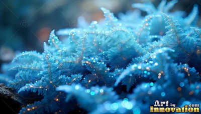 Curling upward in the dark, frosty blue fern fronds shine with tiny points of light