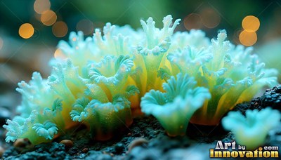 A patch of small pale green trumpet-shaped fungus sprouts on dark soil