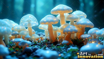 In a dark forest, small white mushrooms shine with bright yellow light