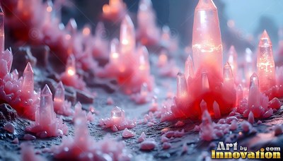 Rising from rocky ground, pointed pink crystal spires shine with warm light inside