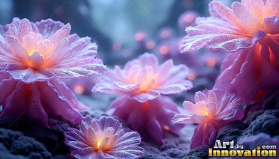 Frosted pink flowers lit with warm centers on dark ground