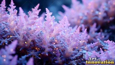 Sparkling pink fronds cover alien frost plants against a blurry dark background
