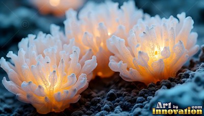 Frosted white blooms open on dark ground with warm yellow light inside them