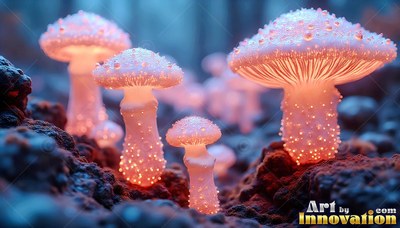 Standing upright on dark soil, small pink mushrooms shine with warm light