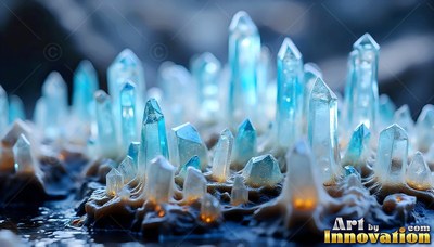 Light blue crystals sprout like tiny pillars from rough dark ground