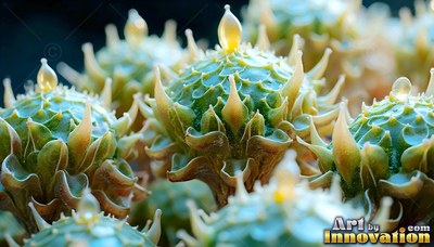 In soft light, round green alien buds sprout with pale spikes and clear beads