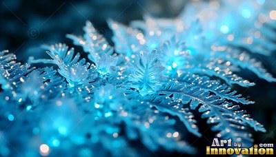 Branching outward in the dark, icy blue fern leaves shine with cold light