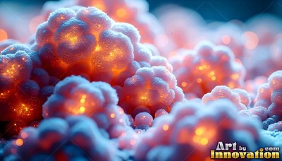 Puffy blue clusters lit from within by warm yellow light