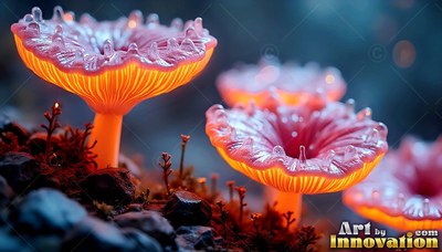 Bright orange undersides light up small pink mushrooms sprouting from dark mossy soil