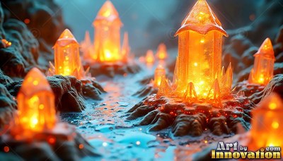 Orange crystal towers stand along a blue stream, filled with bright yellow light