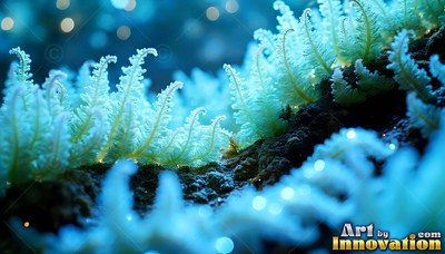 Pale blue, fuzzy ferns sprout from dark rock in bright water