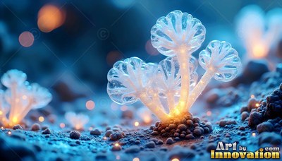 On a dark blue landscape, clear glass mushrooms sprout from rough ground