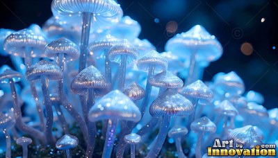 Sprouting in the dark, translucent blue mushrooms shine with pale light