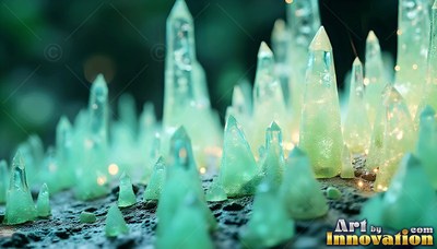 Green crystal spires growing close together on dark rock