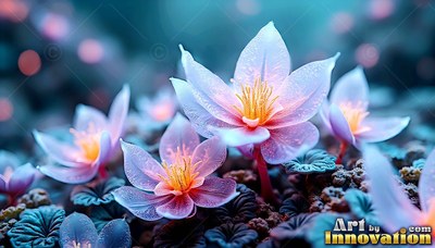 Pale pink petals open wide above dark round leaves on a blue ground