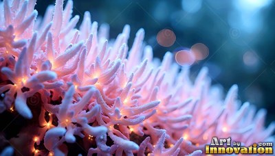 Pale pink coral stalks reach upward with tiny warm lights shining at their joints