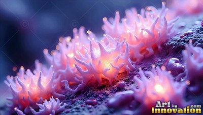 Opening upward on wet rock, pink spiky flowers shine with warm light