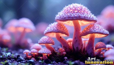 Pink speckled mushrooms shine with warm orange light in the dark forest dirt