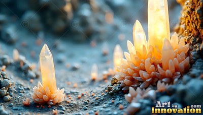 On a rocky gray ground, warm yellow crystal spires rise from soft clusters