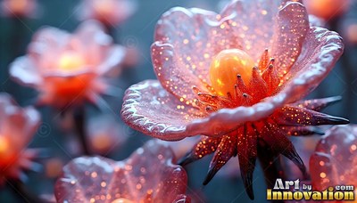 Opening in soft focus, pink glass flowers shine with warm yellow centers