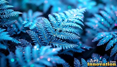 Close-up of bright blue ferns dotted with colorful sparks