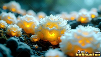 Frosted white spikes cover round alien flowers with warm yellow centers on damp ground
