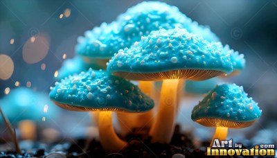 Bright blue mushrooms sprout from dark soil with warm yellow light under their caps