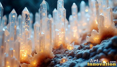 Standing upright on a rocky ridge, clear crystals shine with warm light inside