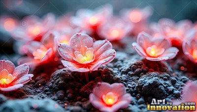 Pink flowers with bright yellow centers bloom out of rough dark ground