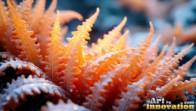 On a dim ground, an orange fern plant opens its serrated leaves
