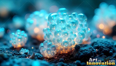 Clustering on dark soil, pale blue bubble plants shine with warm light inside