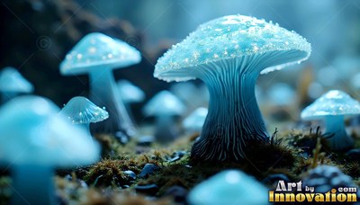 Pale blue mushrooms shining on dark moss