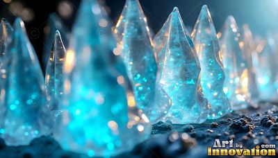 Pointed ice crystals shine with bright blue light across a dark gravel ground