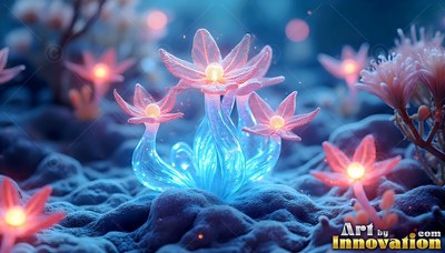 Glassy pink flowers sprout from blue stalks in soft warm light