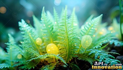 Spreading upright in the soil, bright green ferns hold yellow egg shapes
