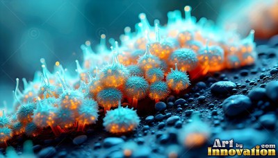 Tiny orange fungi with fuzzy blue tips sprout across wet dark stones