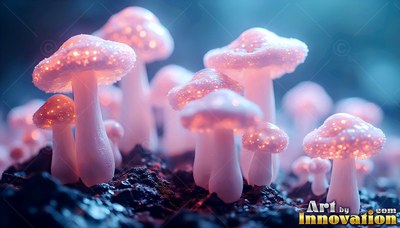 On dark soil under cool blue light, small pink mushrooms sprout in a cluster