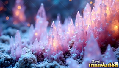 Rising from pale ground , pointed pink crystals shine with soft inner light