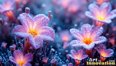 Purple flowers covered in sparkling dew droplets