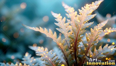 Pale fern leaves covered in sparkling gold dots rise against a soft blue backdrop
