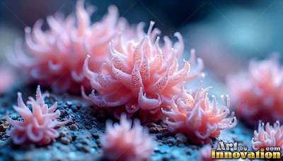 Spiky pink blossoms spread across dark sandy ground under cool blue light