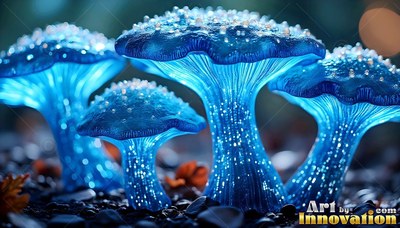 Standing upright on dark ground, bright blue mushrooms shine with flecks of light