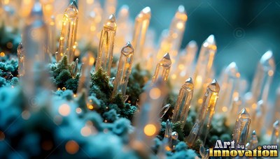 Small glass crystals with warm yellow lights sprout out of blue moss