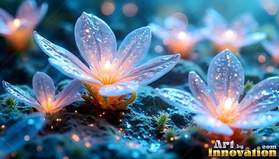 On dark moss, clear glass flowers shine with warm yellow light inside their petals