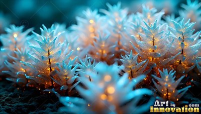 Sprouting from dark ground, frosted pale blue plants shine with warm orange light
