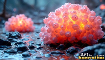 Round pink fungus with warm light on wet dark stones