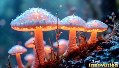Warm orange stems support frosted white mushrooms clustered on a dark forest floor