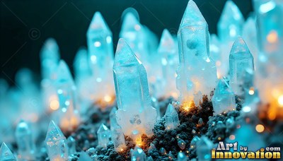 Pointed blue crystals rise from dark soil with warm orange light beneath them
