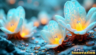 Tilted upward on dark wet rock, small blue flowers shine with warm yellow centers