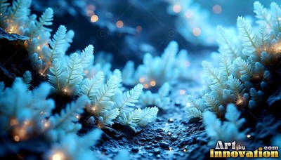Pale blue fern plants sprout from dark ground with small warm lights scattered around them